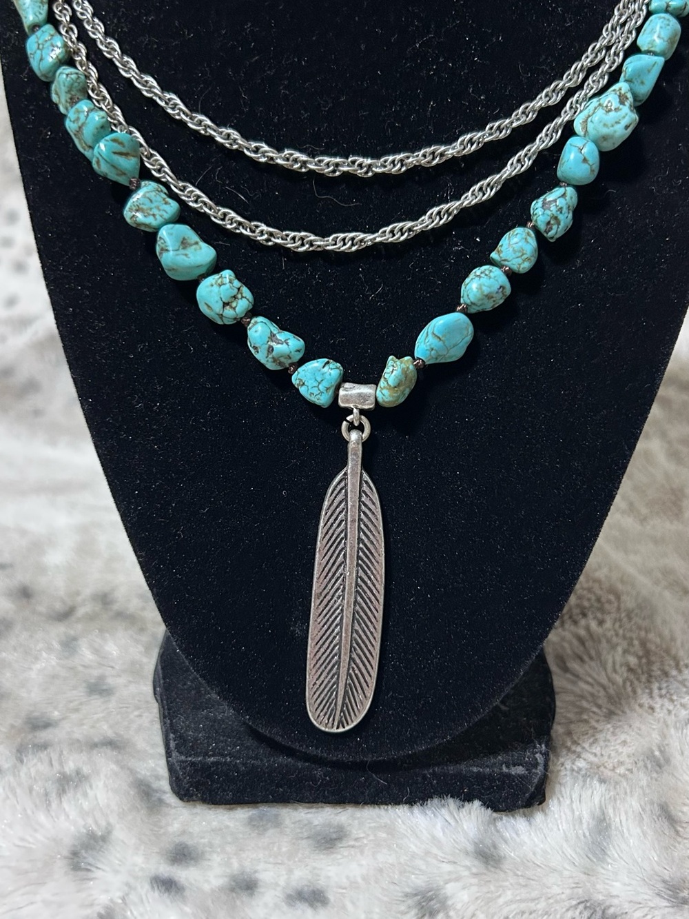 Boho Necklace Western Leather Layered Turquoise Feather Pendant Women Jewelry
